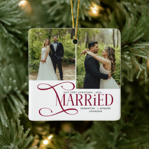 Minimal First Christmas Married Couples 2 Photos Ceramic Ornament