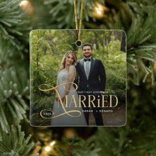 Minimal First Christmas Married Couples 2 Photos Ceramic Ornament