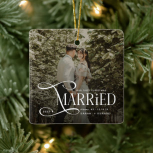 Minimal First Christmas Married Couples 2 Photos Ceramic Ornament