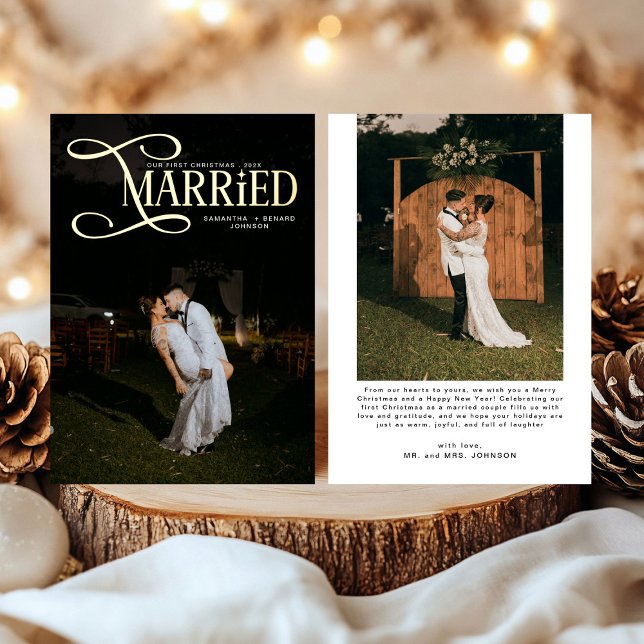 Minimal First Christmas Married Couples 2 Photos  Foil Holiday Card (Creator Uploaded)