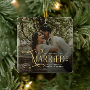 Minimal First Christmas Married Couples Photo Ceramic Ornament