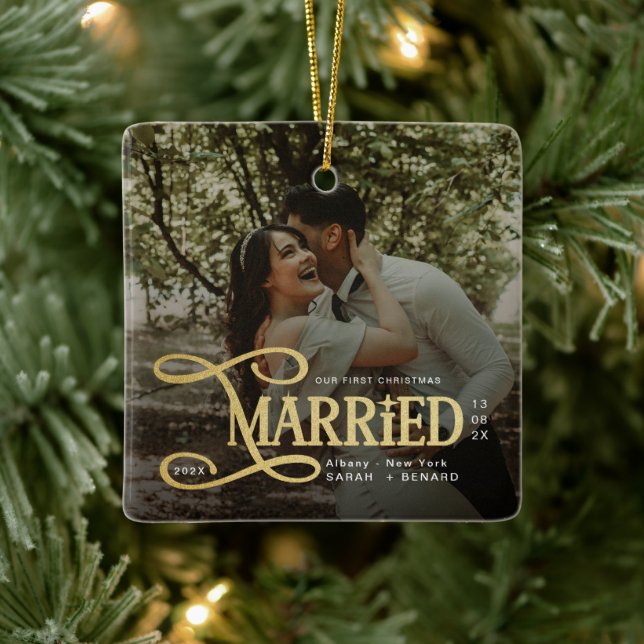 Minimal First Christmas Married Couples Photo Ceramic Ornament (Tree)