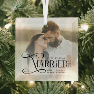 Minimal First Christmas Married Couples Photo Glass Ornament