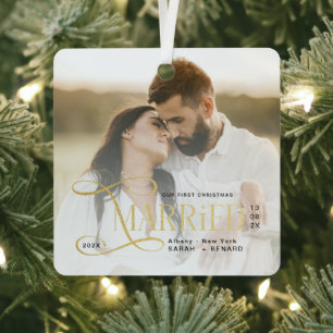 Minimal First Christmas Married Couples Photo Metal Ornament