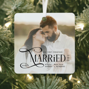 Minimal First Christmas Married Couples Photo Metal Ornament