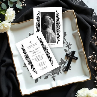 Minimal Floral Back & White Garland Photo Funeral Invitation