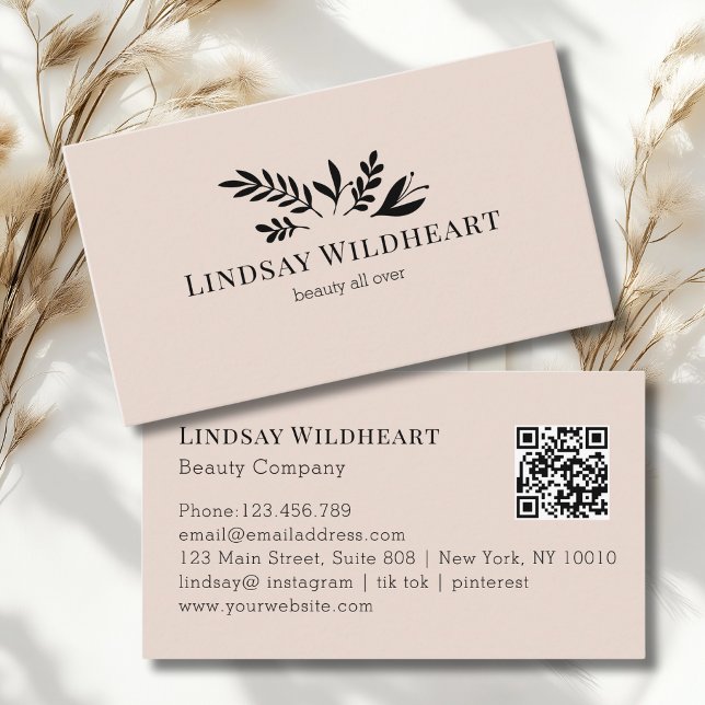 Minimal Floral Beige-Blush Botanical  QR Code Business Card (Minimal Floral Beige - Blush Botanical Beauty QR Code Business Card)