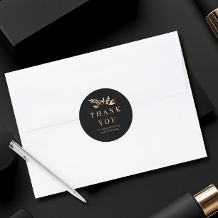 Minimal Floral Black Botanical THANK YOU Classic Round Sticker