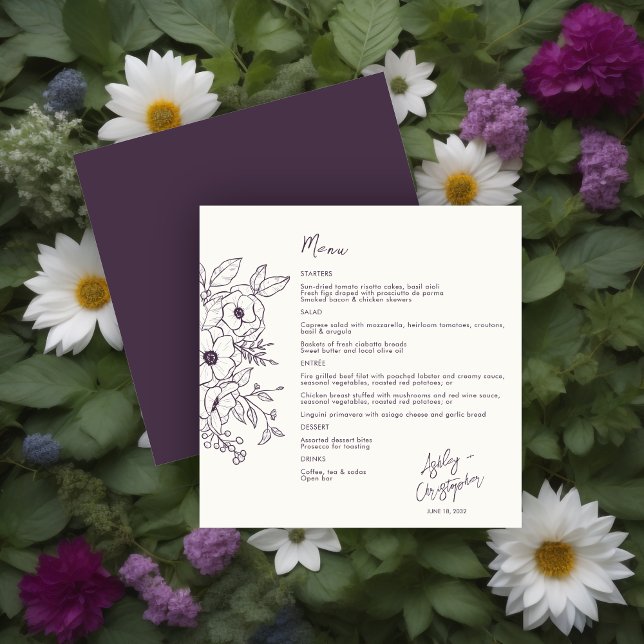 Minimal Floral Bo Eggplant Purple on White Wedding Menu (Creator Uploaded)