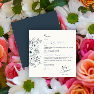 Minimal Floral Botanica Navy Blue on White Wedding Menu