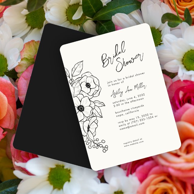Minimal Floral Botanical Black Bridal Shower Invitation (Creator Uploaded)