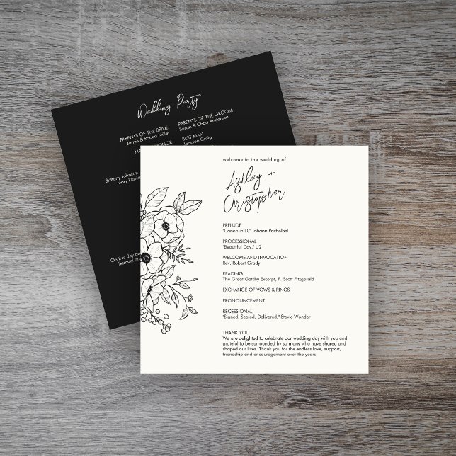 Minimal Floral Botanical Black on White Wedding Program (Creator Uploaded)