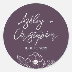 Minimal Floral Botanical Eggplant Purple Wedding Classic Round Sticker