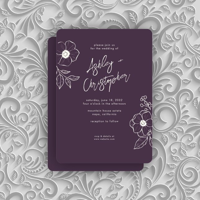 Minimal Floral Botanical Eggplant Purple Wedding Invitation (Creator Uploaded)