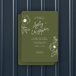Minimal Floral Botanical Moss Green Wedding Invitation