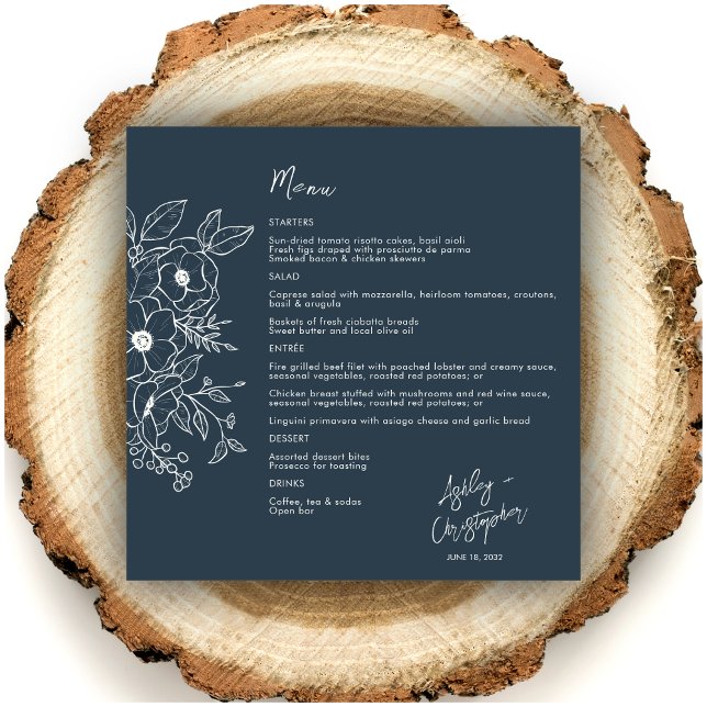 Minimal Floral Botanical Navy Blue Wedding Menu (Creator Uploaded)