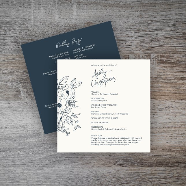 Minimal Floral Botanical Navy Blue Wedding Program (Creator Uploaded)