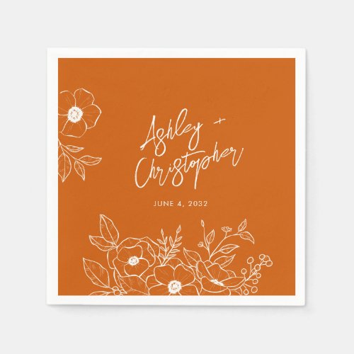 Minimal Floral Botanical Orange Wedding Cocktail Napkins