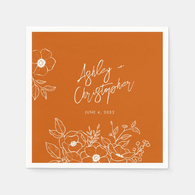 Minimal Floral Botanical Orange Wedding Cocktail Napkins (Front)