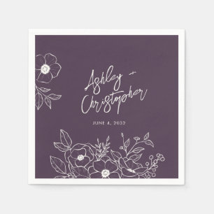 Minimal Floral Botanical Purple Wedding Cocktail Napkins