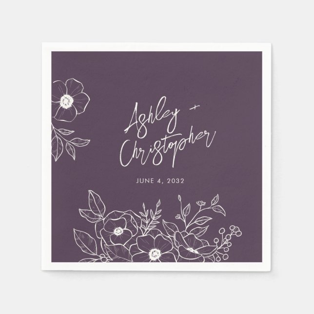 Minimal Floral Botanical Purple Wedding Cocktail Napkins (Front)