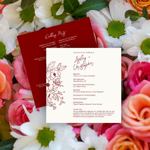 Minimal Floral Botanical Ruby Red on White Wedding Program