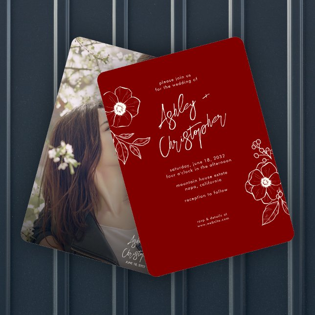 Minimal Floral Botanical Ruby Red Photo Wedding Invitation (Creator Uploaded)