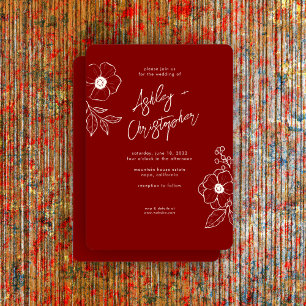 Minimal Floral Botanical Ruby Red Wedding Invitation