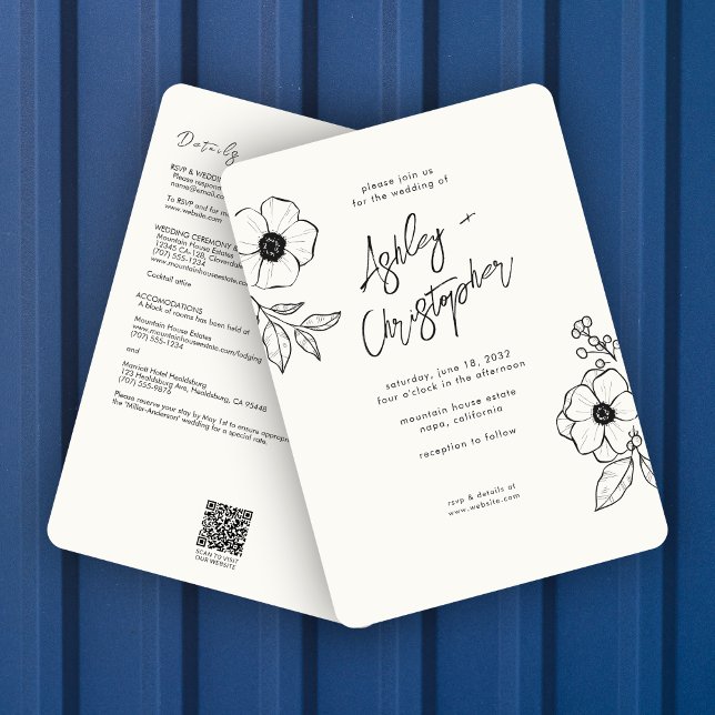 Minimal Floral Botanical White All-in-One Wedding Invitation (Creator Uploaded)