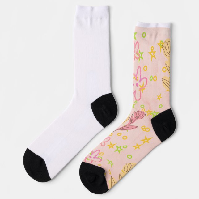 Minimal floral doodle pattern -pastel colour art socks (Left)