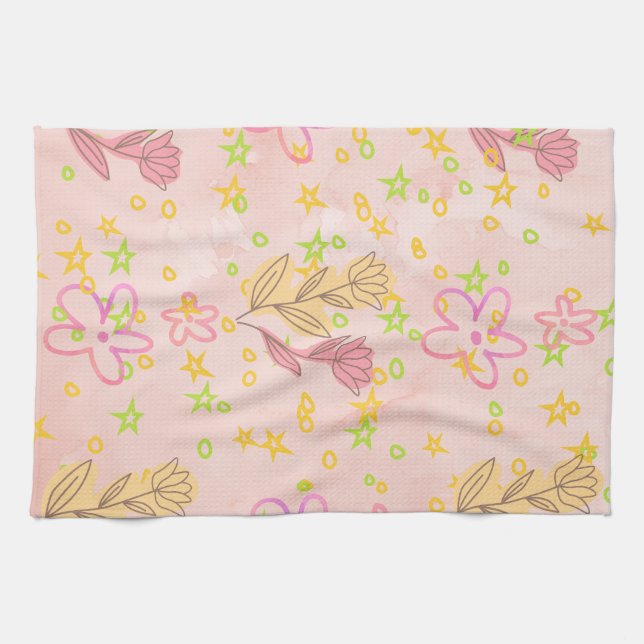 Minimal Floral Doodle Pattern –Pastel Pink pattern Kitchen Towel (Horizontal)