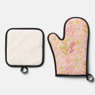 Minimal Floral Doodle Pattern –Pastel Pink pattern Oven Mitt & Pot Holder Set