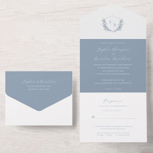 Minimal Floral Dusty Blue Crest Monogram Wedding All In One Invitation