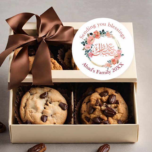 Minimal Floral Eid Mubarak Personalized Classic Round Sticker (Creator Uploaded)