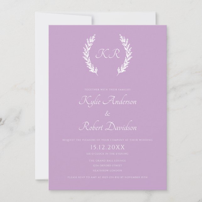 Minimal Floral Elegant Monogram Lavender Wedding Invitation (Front)