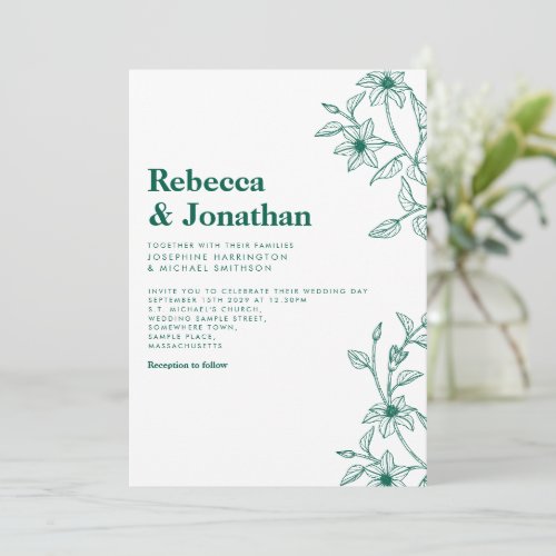 Minimal Floral Emerald Green Wedding Invitation