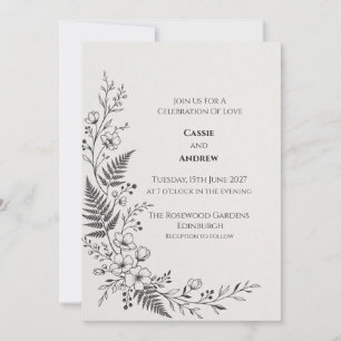 Minimal Floral Fern Line Art Wedding Invitation