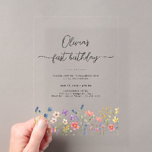 Minimal Floral First Birthday Acrylic Invitation