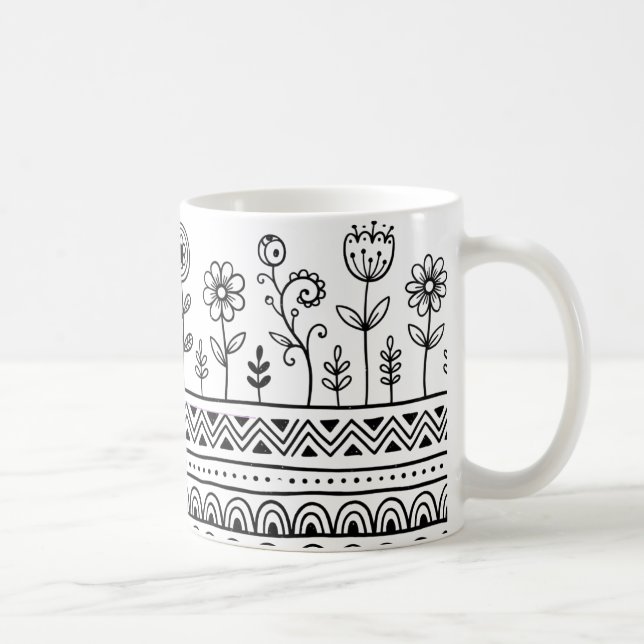 Minimal Floral Folk Pattern Mug – Boho Line Art (Right)
