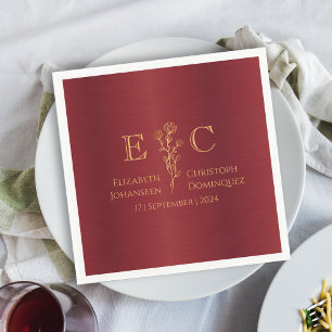 Minimal Floral Monogrammed Metal Red Gold Wedding Napkins
