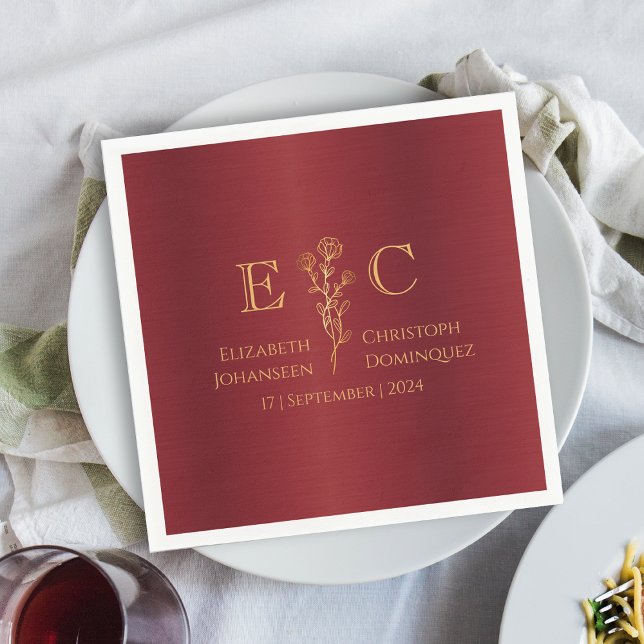 Minimal Floral Monogrammed Metal Red Gold Wedding Napkins (Creator Uploaded)