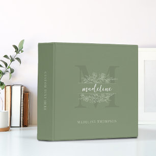 Minimal Floral Sketch Sage Green Monogram 3 Ring Binder