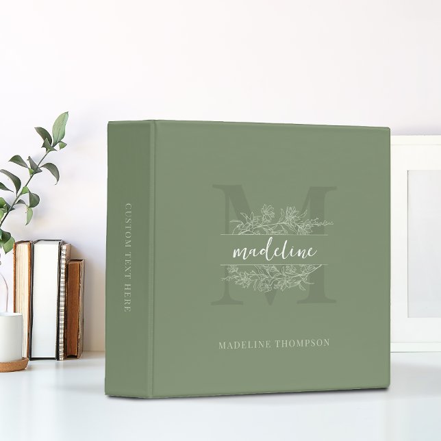 Minimal Floral Sketch Sage Green Monogram 3 Ring Binder (Creator Uploaded)