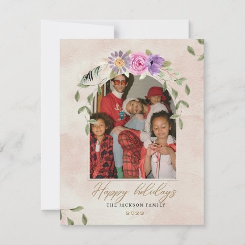 Minimal floral watercolor pink merry christmas  holiday card