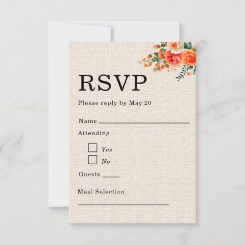 Minimal Floral Wedding RSVP Card Peach Coral Linen