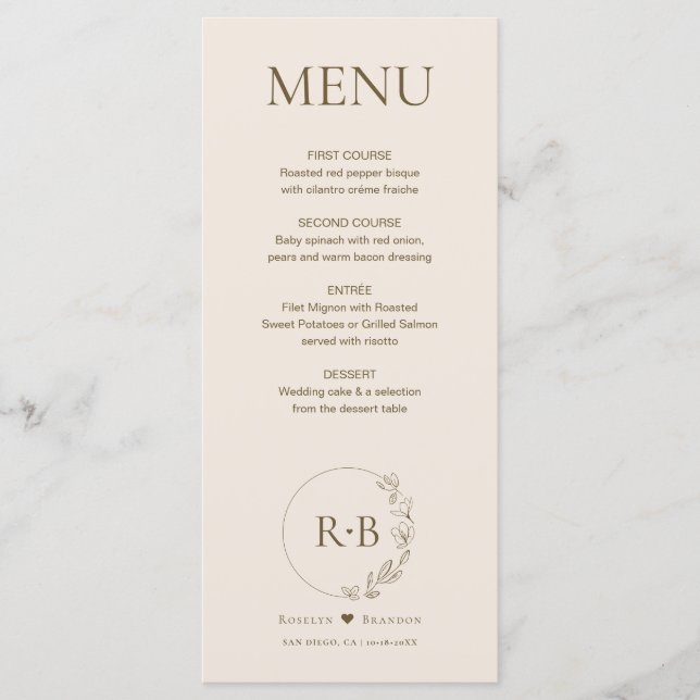 Minimal floral wreath earth tone monogram wedding menu (Front)