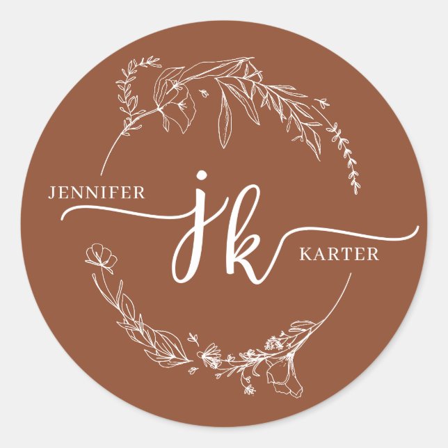 Minimal Floral Wreath Terracotta Monogram Wedding Classic Round Sticker (Front)