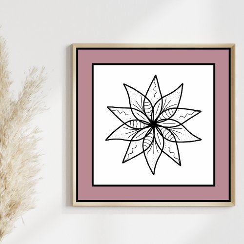 Minimal Flower Black Line Art Mandala Mauve Border Poster
