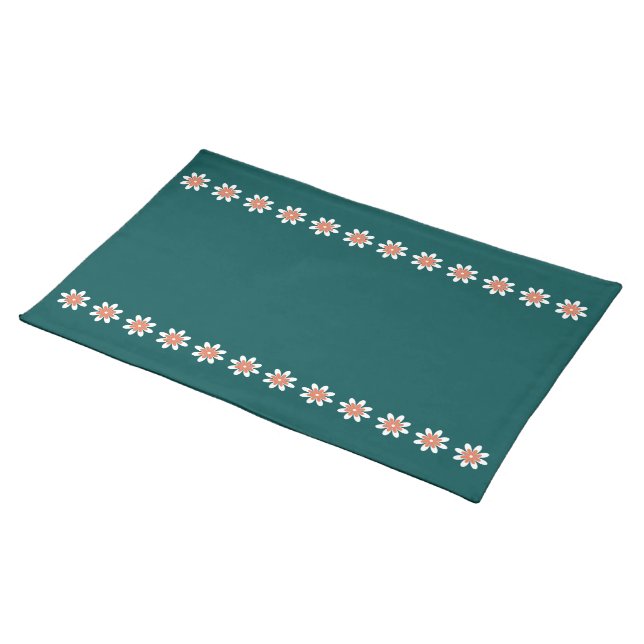 Minimal Flower Border Retro Deep Teal Cloth Placemat (On Table)