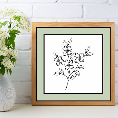 Minimal Flower Bundle Black Line Pale Green Border Poster